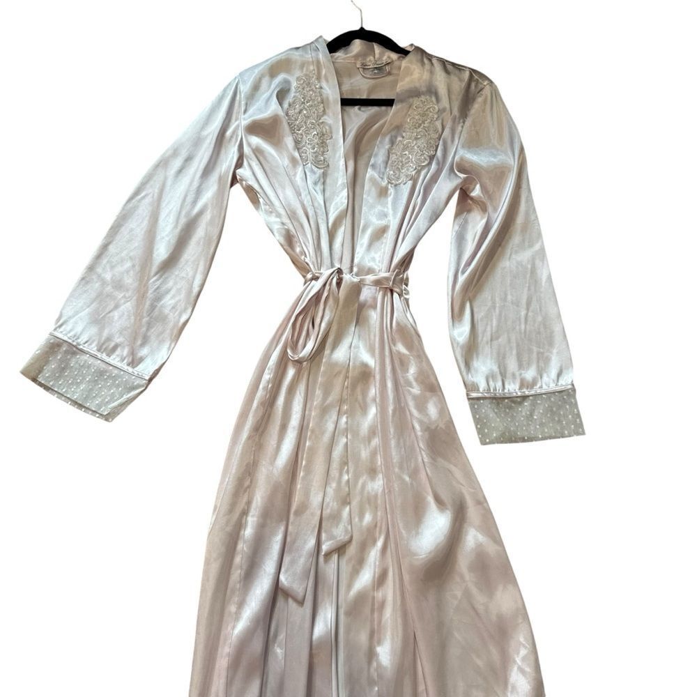 Linea Donatella Vintage Old Hollywood Pearl Lace Satin Long Robe - Picture 9 of 11